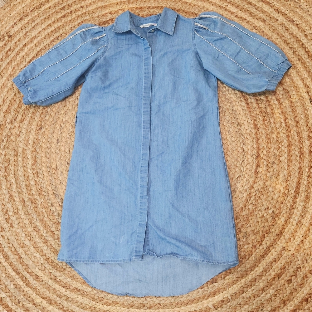 Given Kale Chambray Shirt Dress Womens S Button Up Blue Mini Half Puff Sleeve